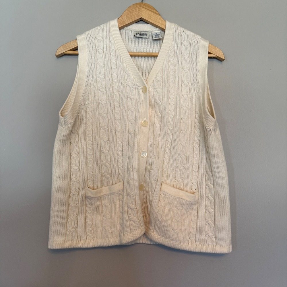 Vintage Ivory Cable Knit‎ Sweater Vest Preppy Button Front V-Neck Pockets Med